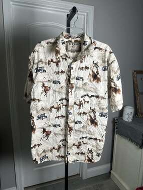 Bit & Bridle Outfitters Horses and Tractors Button Down Short Sleeve Shirt#318